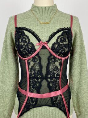 Adore Me Mesh Lace Satin Unlined Corset Teddy Bodysuit With Garter